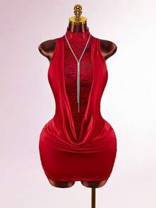 Amplova 高领荷叶边蕾丝纯色垂坠领无袖半透明紧身迷你裙 - 酒紅色 - 查看 4