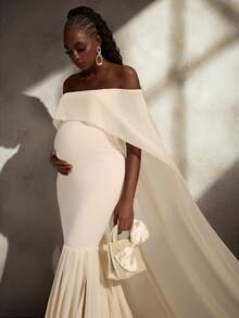 Cheriluna Maternity Maternity Photoshoot Dress, Off-Shoulder Double-Layer Design With Cloak, Fish Tail Hem Floor-Length Gown - Apricot - View 6