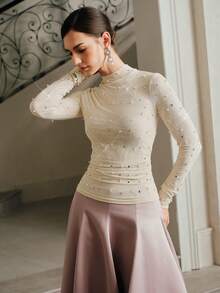 Anewsta Women's Autumn/Winter New Mesh Long Sleeve Pearl Rhinestone Sexy Base Layer Top, Elegant T-Shirt - Apricot - View 1