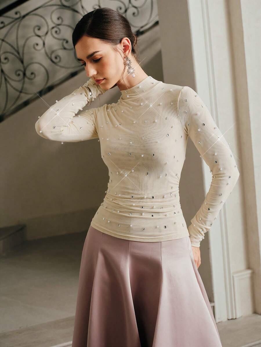 Anewsta Women's Autumn/Winter New Mesh Long Sleeve Pearl Rhinestone Sexy Base Layer Top, Elegant T-Shirt - Apricot - View 1