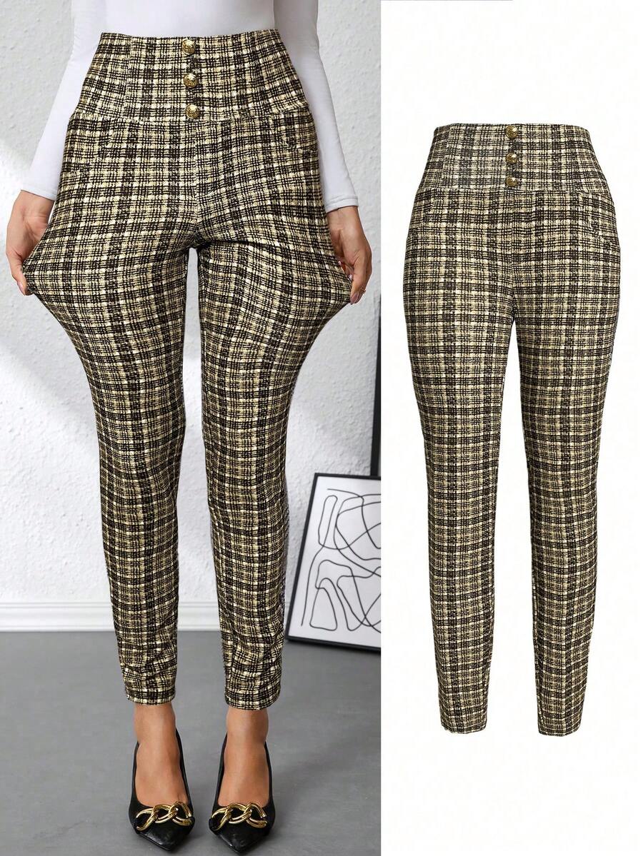 Ellevyn 女式优雅格子印花金属扣装饰黑白高腰修身针织裤，夏季 - 卡其色 - 查看 1