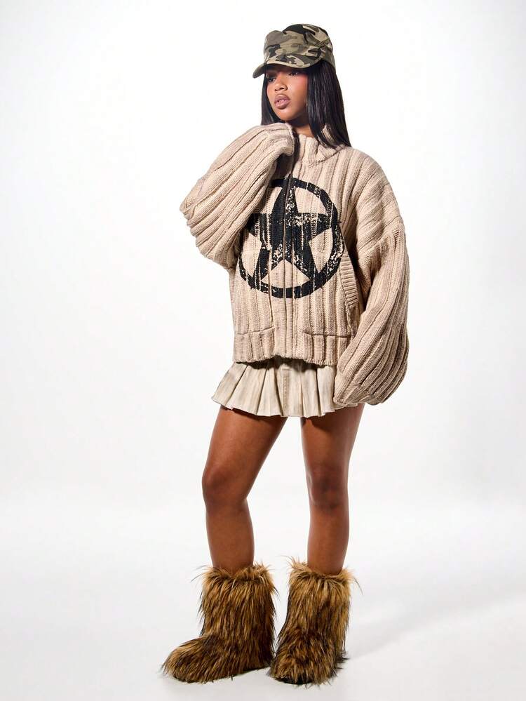 SUMWON WOMEN 罗纹针织星星印花超大飞行员夹克，带有做旧图案，冬季休闲外套 - 杏色 - 查看 4