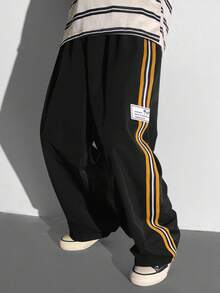 SHEIN Tween Boys' Casual Versatile Comfortable Colorful Ribbon Letter Woven Label Straight Loose Solid Color Pants, Suitable For Commuting, School, Daily Casual, Travel, Sports, Spring/Summer/Fall/Winter,Thanksgiving,Christmas,Winter,Winter Clothes,Cozy Fall & Winter Styles, - Black - View 5