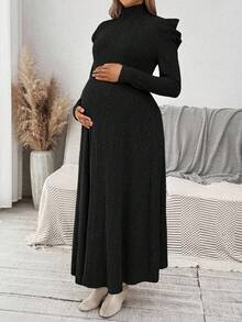 SHEIN Váy cổ lệch màu trơn thanh lịch cho tiệc bà bầu - màu đen - Xem 4