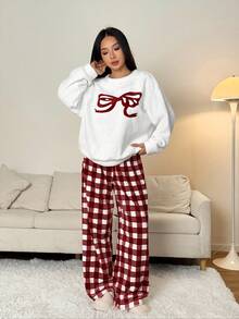 SHEIN PETITE 毛绒上衣和毛绒裤子家居套装 - 紅色 - 查看 4