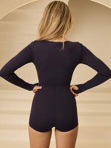 Aralina Bộ đồ định hình tập gym tay dài có đường may cổ trước Leisurewear ôm sát cơ thể có lỗ xỏ ngón cái - Màu xanh hải quân - Xem 2