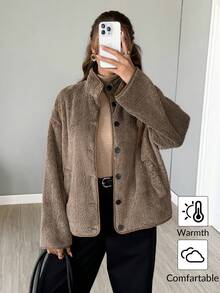 SHEIN LUNE معطف شتوي سميك من الفليس المرجاني القابل للعكس باللون الرمادي للنساء، إغلاق أمامي بأزرار، جيوب، أكمام طويلة وياقة عالية - رمادي - مشاهدة 2