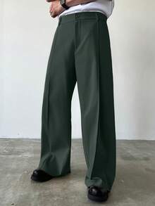 Manfinity Hypemode Men's Solid Color Toothpick Stripe Design Loose Fit Casual Pants Wide Leg Pants - Army Green - View 3