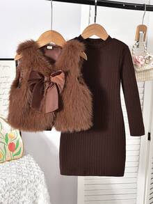 SHEIN Set Long Sleeve Girls Vintage Brown Bow Furry Vest And Turtleneck Colorblock Plaid Pleated Dress, Sweet & Cute Daily, Party - Multicolor - View 4