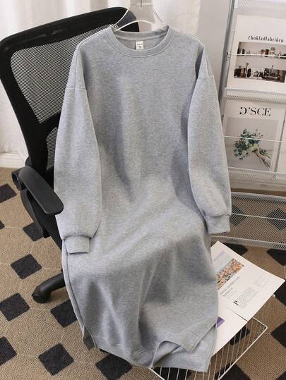 Vestido moletom casual quente com gola redonda para meninas e adolescentes, vestido cinza versátil para outono/inverno