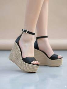Alpargatas de mujer sandalias con cuña abierta acolchonadas con suela antideslizante para playa y vacaciones dama womens shoes - Negro - Ver 3