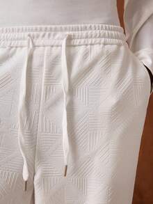 SWAVVY 男士休闲日常通勤百搭纯色纹理面料抽绳腰部斜口袋宽松阔腿运动裤 - 白色 - 查看 5