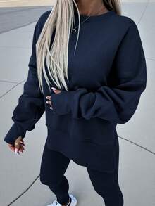 INAWLY 大码女式纯色圆领长袖运动衫和裤子休闲两件套，秋季 - 藏蓝色 - 查看 7