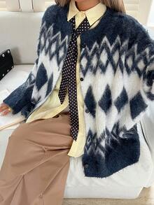 Livesso Autumn/Winter Collegiate Style Casual Business Loose Fit Geometric Pattern Thick Knit Cardigan For Women - Navy Blue - View 5