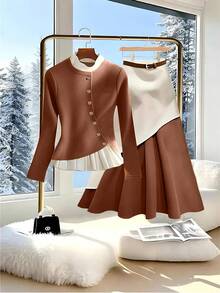 GlowEve 女士秋冬新款休闲独特时尚针织毛衣上衣和裙子两件套 - 卡其色 - 查看 1