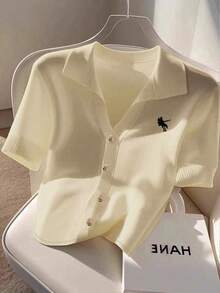 Franclia Plus Size Women's Polo Collar Embroidered Knit Cardigan Short Sleeve T-Shirt - Apricot - View 1
