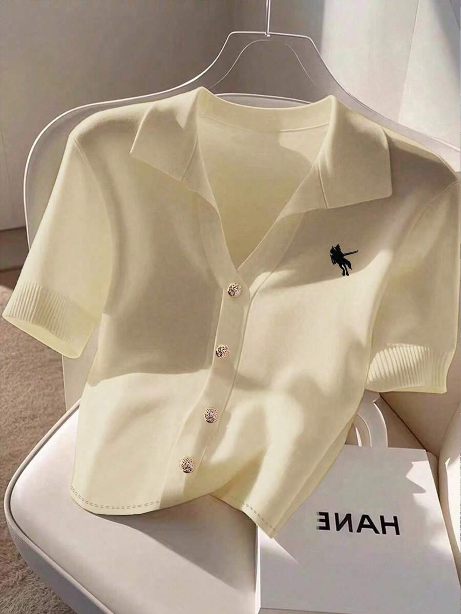 Franclia Plus Size Women's Polo Collar Embroidered Knit Cardigan Short Sleeve T-Shirt - Apricot - View 1