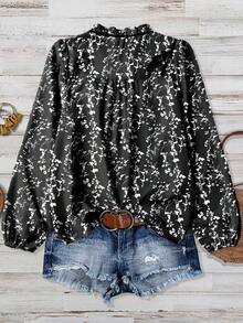 Linhara Áo sơ mi tay dài cài nút họa tiết hoa nhỏ xinh xắn dành cho nữ cỡ lớn, mùa thu - màu đen - Xem 2