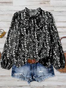 Linhara Áo sơ mi tay dài cài nút họa tiết hoa nhỏ xinh xắn dành cho nữ cỡ lớn, mùa thu - màu đen - Xem 4