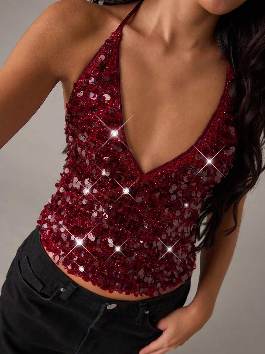SHEIN BAE 秋冬夜店派对时尚性感亮片吊带露背吊带上衣，派对上衣，夜店上衣，女士时尚上衣，亮片上衣，情人节 - 酒紅色 - 查看 1