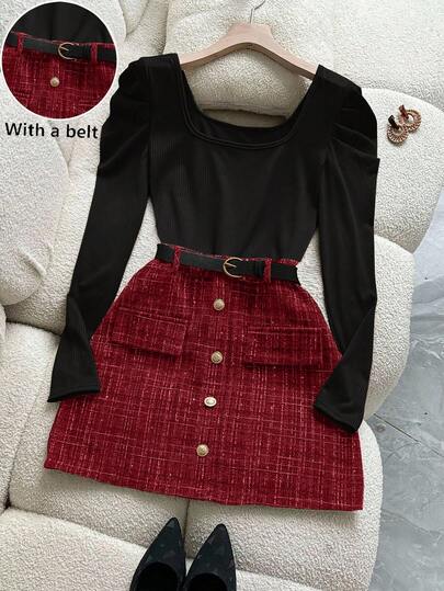Franclia Versatile Commuter Casual Square Neck Pleated Long Sleeve Elastic Knit Cinched Waist Fitted Tweed Plaid Mini Skirt Two Pieces Set For Women, Autumn/Winter
