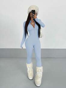 StreetHx Bộ đồ liền thân dài tay, màu trơn, khóa kéo nửa đầu thời trang dạo phố dành cho nữ, mùa thu - Màu xanh lam - Xem 3