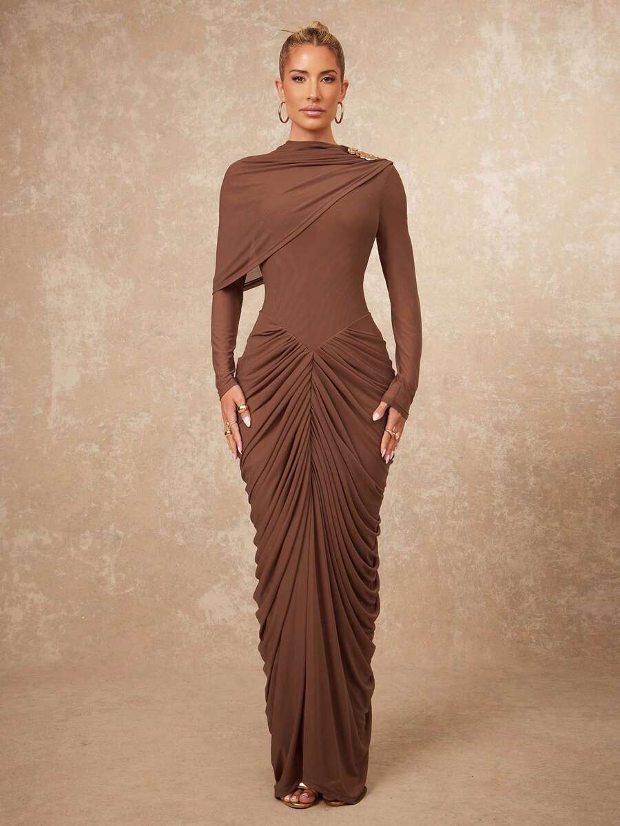 Lumalex 春夏不对称金属装饰网纱柔软飘逸褶皱腰部修身长袖连衣裙，女士垂坠长裙，棕色优雅连衣裙，长袖优雅连衣裙，棕色婚礼宾客礼服，奢华舞会聚会派对宴会，低调奢华闪耀的假日派对狂欢节郊游度假热门户外丰富层次婚礼季宴会派对新年派对造型晚宴晚会秋季派对礼服