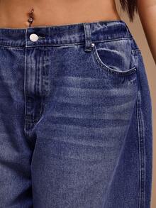 SHEIN Forever 21 Quần jean ống loe dáng rộng, túi hộp, dễ mặc, đa năng, size lớn dành cho nữ - Màu xanh hải quân - Xem 5