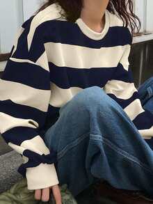 FRIFUL 女式休闲落肩条纹宽松T恤，秋季 - 藏蓝色 - 查看 3