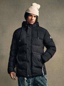 AXEPEAK Men's Letter Graphic Zip-Up Casual Loose Fit Hooded Long Sleeve Coat, Winter - Black - View 6