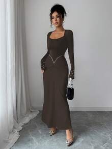 Elenzga 秋冬新款优雅淑女珍珠装饰腰部褶饰修身精致优雅高端黑白撞色设计连衣裙，适合生日派对、宴会、约会 - 棕色 - 查看 5