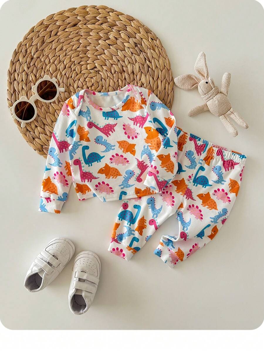 SHEIN 新生女婴休闲可爱卡通图案针织长袖睡衣套装 - 彩色 - 查看 1