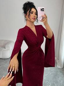 SHEIN Elenzya Đầm dài dự tiệc thanh lịch, vải sequin dệt kim họa tiết mới dành cho nữ, thiết kế xoắn, trẻ trung và duyên dáng, mùa thu/đông - Màu Đỏ Sâu - Xem 4