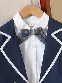 SHEIN 1 套时尚少女春秋学院风撞色领长袖 T 恤夹克 + 褶皱经典格子裙套装，适合旅行、上学、户外、刺绣设计、休闲日常穿着 - 彩色 - 查看 4