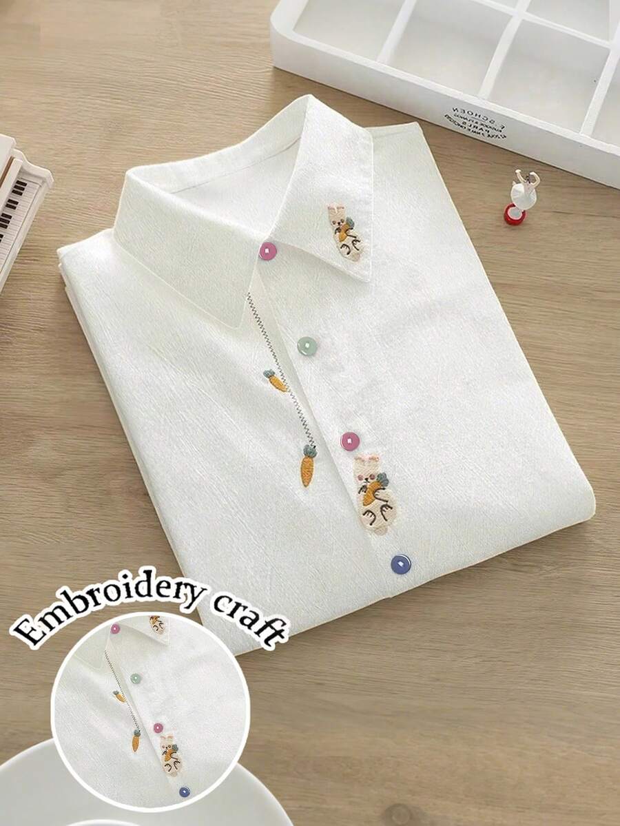 INAWLY Women's Casual Cartoon Embroidered Blouse, Autumn