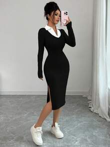 Rafferiza Đầm ôm body tay ngắn cổ chữ V phối lưới thun màu đen thanh lịch thời trang dành cho nữ - màu đen - Xem 6