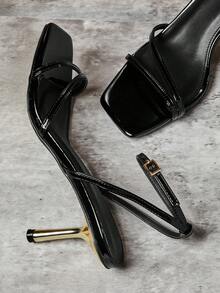 SHUZIA Fantastische Damen Schwarze Lack Quadratische Spitze Sexy Absatz Knöchel Schnallen Riemen Tanz Urlaub Party Frühling Sommer Sandale - Schwarz - Übersicht 7