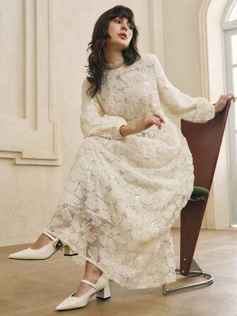 Cévolie Women's Mandarin Collar Lantern Sleeve Elegant Lace Embroidery Waist Cinched Midi Dress, Beige