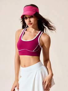 Core Rhythm 女士运动文胸，撞色拼接，背部交叉，可拆卸垫，中等支撑，适合日常休闲穿着、跑步、瑜伽、健身、高尔夫、网球等 - Bold Plum - 查看 4