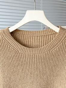 青少年男孩休闲圆领长袖宽松罗纹针织毛衣，适合居家、外出、聚会、返校 - 卡其色 - 查看 4