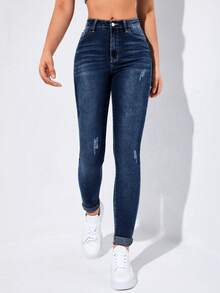 Flexra High-Waisted Button-Embellished Skinny Stretch Distressed Y2K Jeans - Dusty Blue - View 3