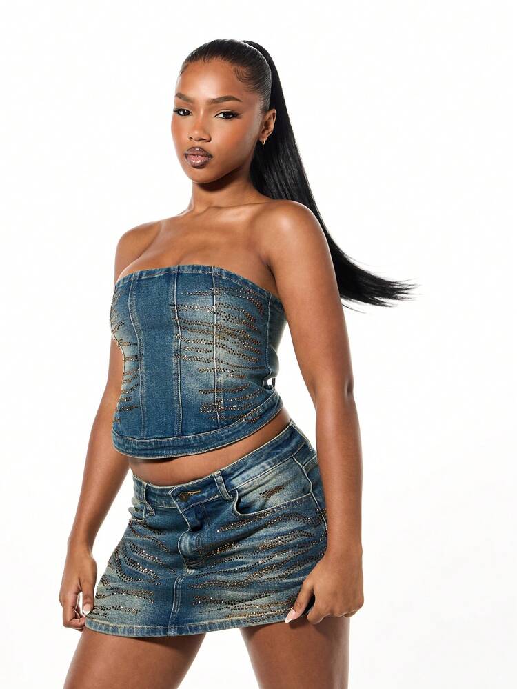 SUMWON WOMEN Corset en jean strass avec dos en dentelle