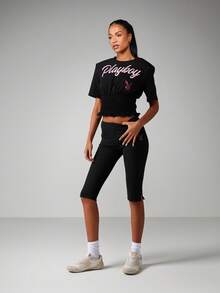 Missguided x Playboy Rhinestone Logo Capri Leggings With Studded Embellishment Details High Waisted Stretch Pants - Black - View 3