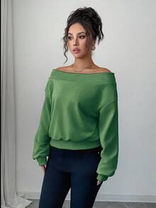 SHEIN Elenzya Elegante y romántica sudadera con hombros descubiertos, adecuada para vacaciones y viajes - Verde - Ver 3