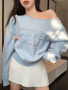 DAZY Women's Casual Asymmetric Collar Letter Pattern Sweater, Autumn/Winter - Blue - View 5