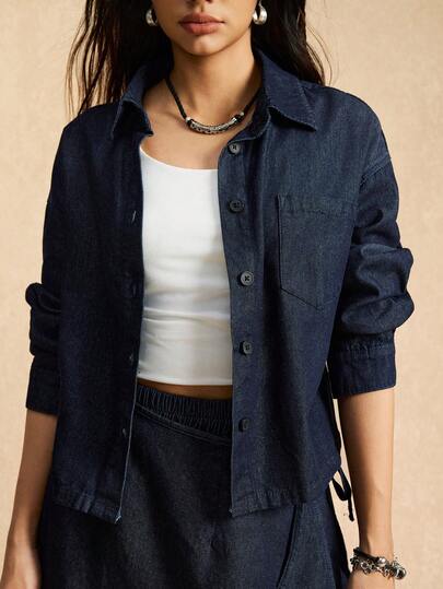 Easelle Vintage Nomadic Pocket Cropped Denim Shirt For Women Denim Set Women Jean Shirt Jean Top For Women Cropped Button Up