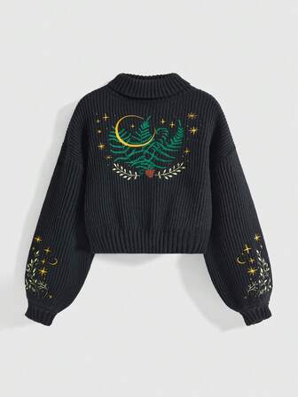 Fairycore Damen Pullover mit Pflanzen- und Mond-Muster
