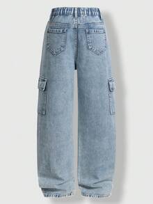 SHEIN Casuvi Kids 适合10岁男孩的儿童礼物推荐：复古街头风多口袋侧边D形环扣黑色牛仔工装直筒裤 - 藍色 - 查看 2