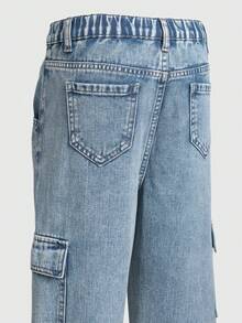 SHEIN Casuvi Kids 适合10岁男孩的儿童礼物推荐：复古街头风多口袋侧边D形环扣黑色牛仔工装直筒裤 - 藍色 - 查看 3