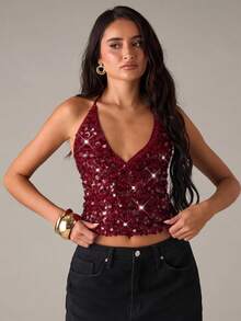 SHEIN BAE 秋冬夜店派对时尚性感亮片吊带露背吊带上衣，派对上衣，夜店上衣，女士时尚上衣，亮片上衣，情人节 - 酒紅色 - 查看 6